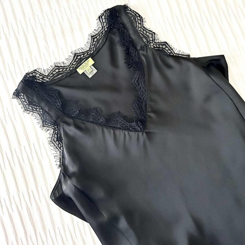 Stella & Dot Black Satin and Lace Trim V-Neck Tank Camisole; XS